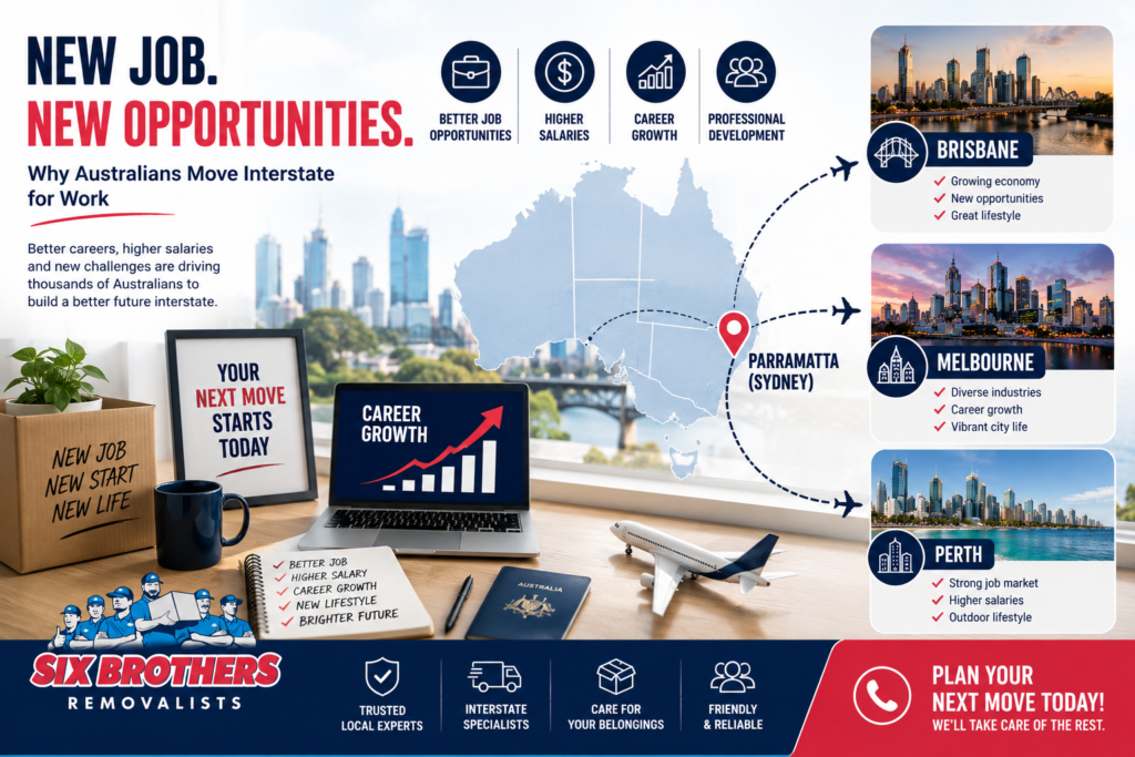 Why Australians move interstate for work with job icons, city routes, and Six Brothers Removalists branding