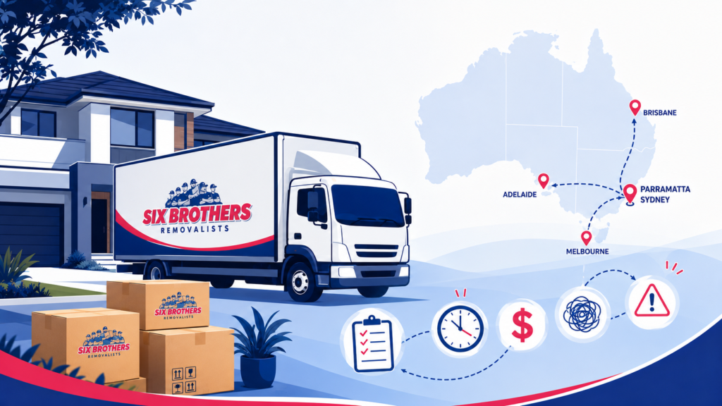 Why is moving interstate so stressful cover image by Six Brothers Removalists with truck, boxes, map and stress icons