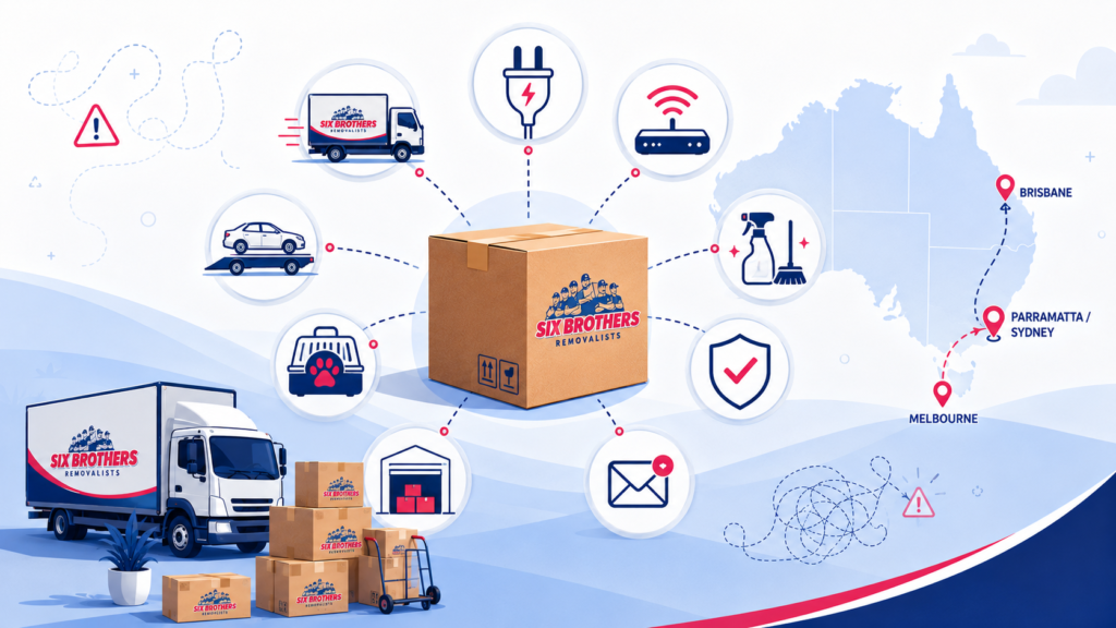 Why is moving interstate so stressful infographic by Six Brothers Removalists with service icons, route map and moving box
