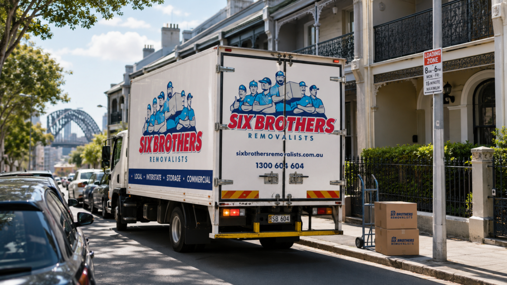 Moving interstate from Adelaide to Sydney with Six Brothers Removalists truck navigating a narrow Sydney loading zone