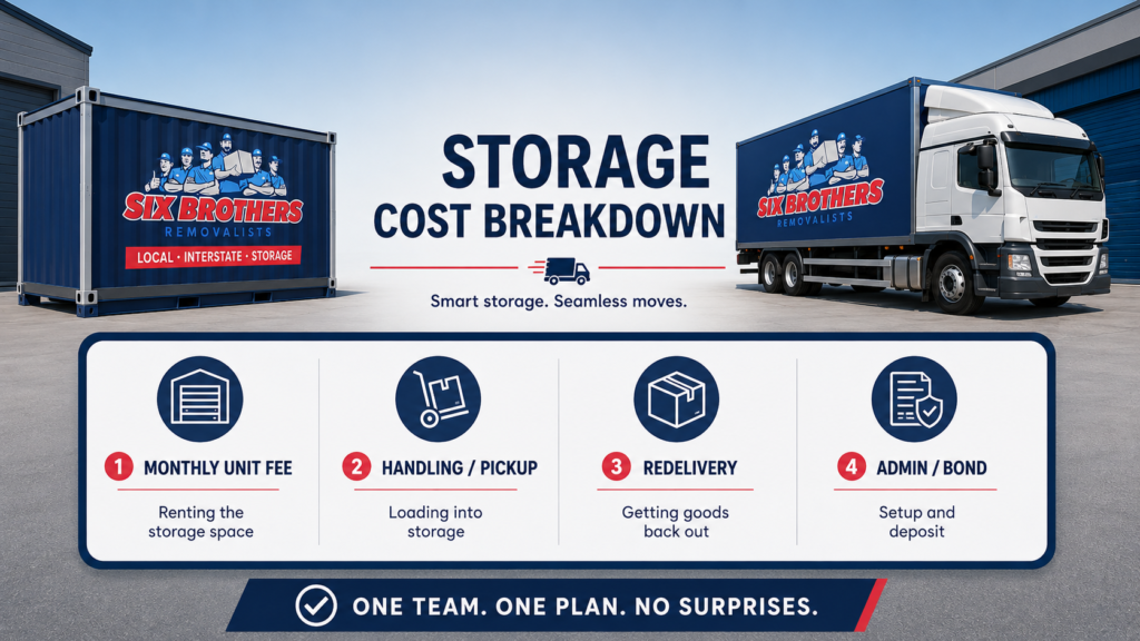 Combine storage and interstate removalists cost breakdown graphic by Six Brothers Removalists with truck and module
