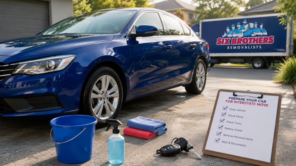 Prepare your car before moving interstate with checklist, cleaning tools and Six Brothers Removalists truck