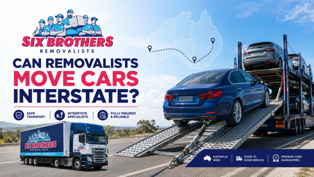 Can removalists move cars interstate with Six Brothers Removalists car carrier beside branded truck
