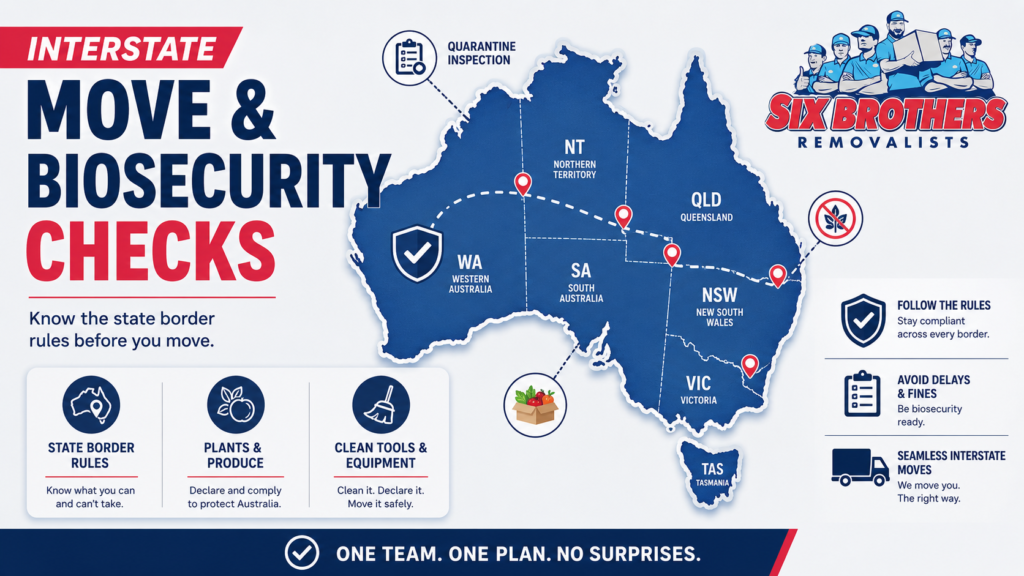 Combine storage and interstate removalists map by Six Brothers Removalists showing Australia border checks