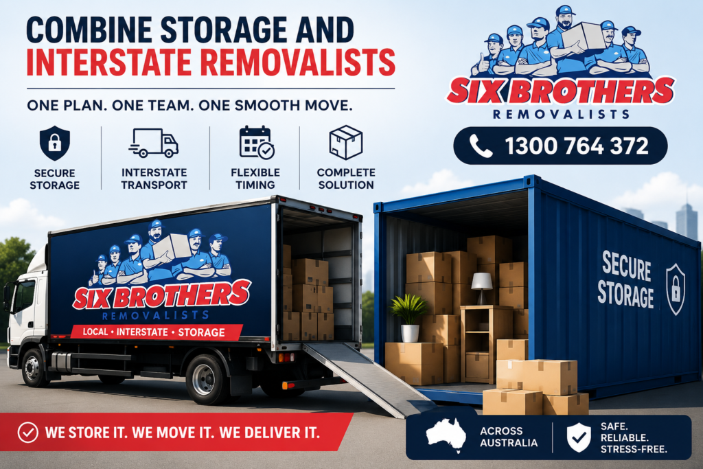 Combine storage and interstate removalists cover image by Six Brothers Removalists with truck and storage module