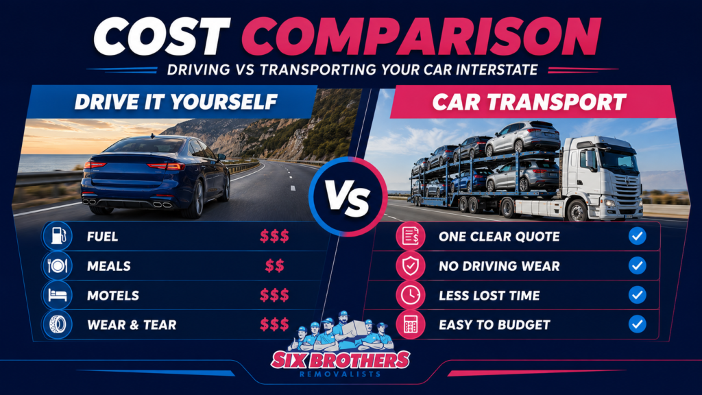 Driving vs transporting your car interstate cost comparison by Six Brothers Removalists with fuel, motel and carrier quote