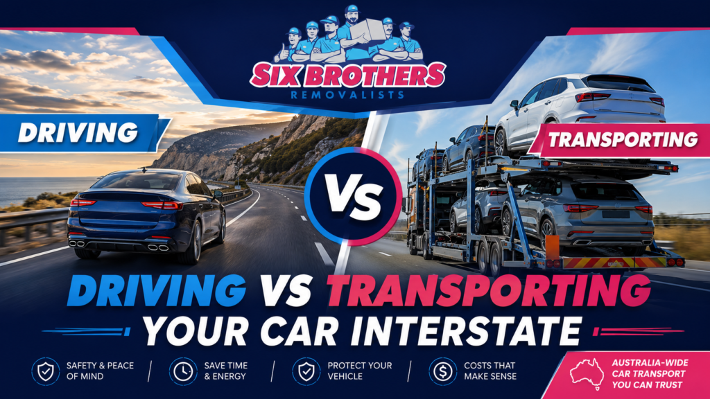 Driving vs transporting your car interstate with Six Brothers Removalists, showing highway drive vs carrier