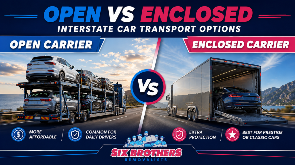 Driving vs transporting your car interstate with Six Brothers Removalists, showing open and enclosed carriers