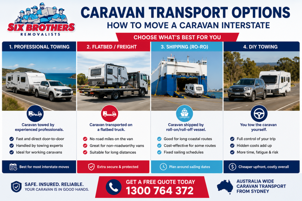 How to move a caravan interstate with Six Brothers Removalists, comparing towing, flatbed, shipping and DIY options