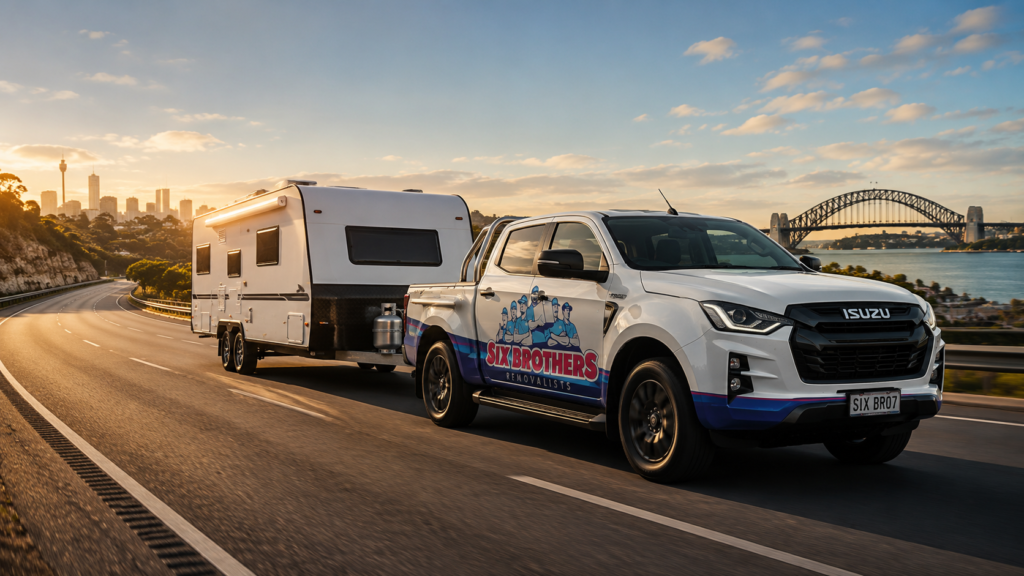 How to move a caravan interstate with Six Brothers Removalists, showing insured caravan transport from Sydney