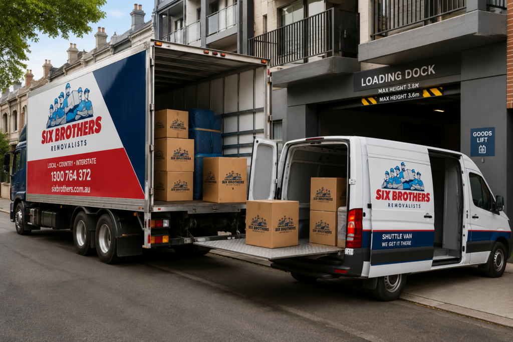 Interstate removalist street access solution with Six Brothers Removalists shuttle van and main truck