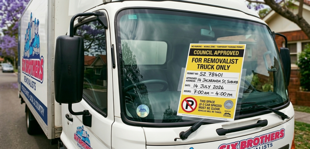 Diagram showing required curb space for interstate removalist truck parking compared to standard cars.