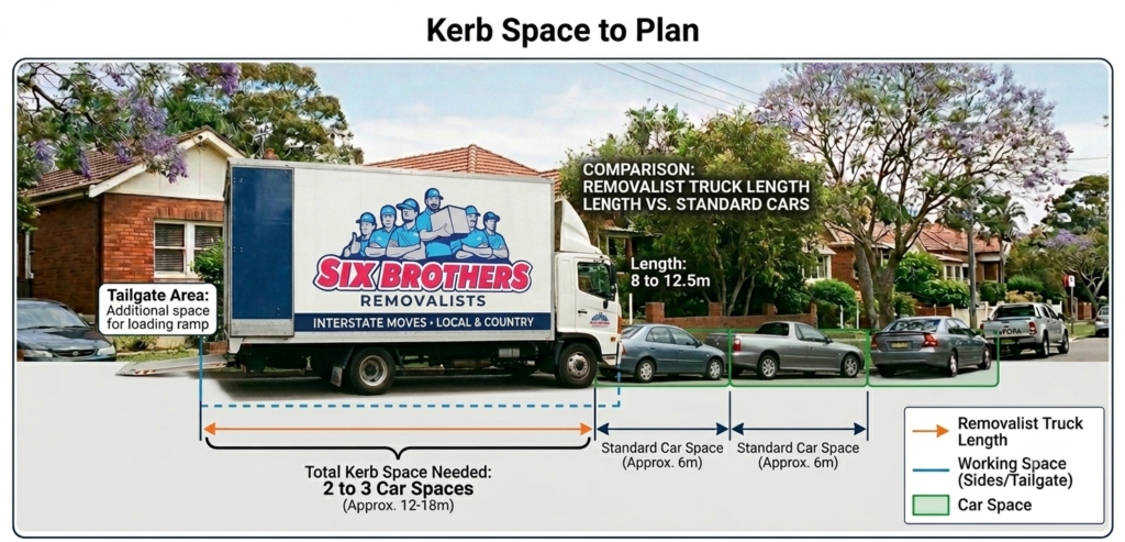 Diagram showing required curb space for interstate removalist truck parking compared to standard cars.