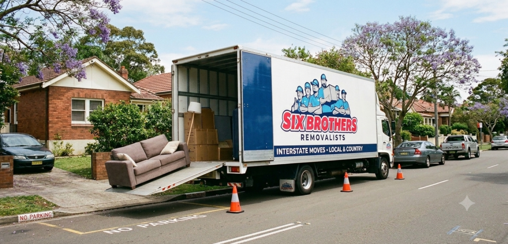 Interstate removalist truck parking by Six Brothers on a Sydney street for house move, with orange cones