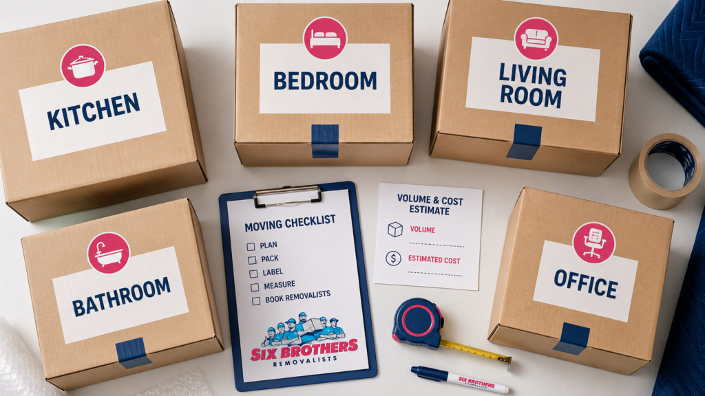 Moving interstate from Sydney to Brisbane checklist by Six Brothers with labelled boxes and cost estimate