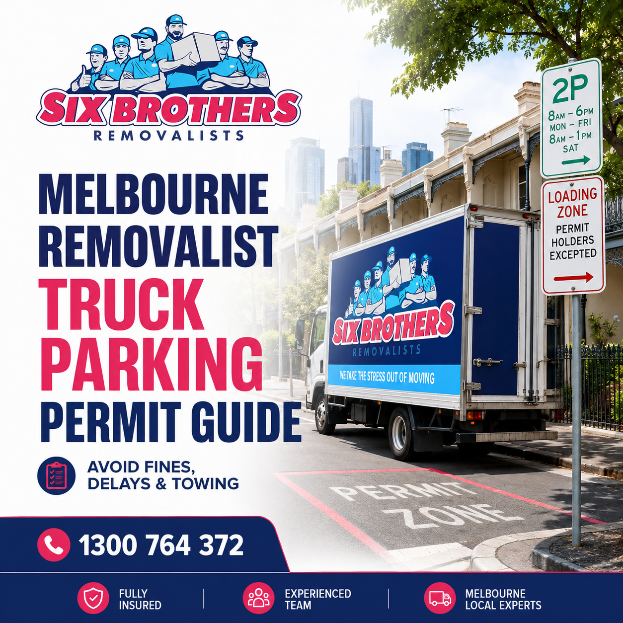 Melbourne removalist truck parking permit guide by Six Brothers Removalists, featuring a branded truck in a permit zone.
