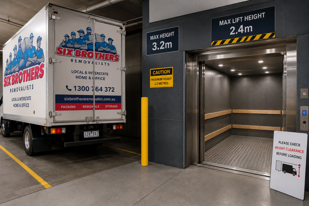 Melbourne removalist truck parking permit loading dock image by Six Brothers Removalists with lift clearance signs.
