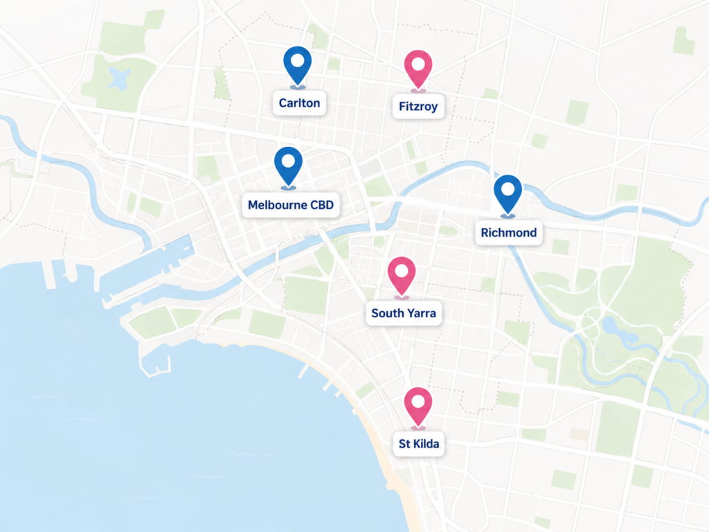 Melbourne removalist truck parking permit map highlighting key suburbs by Six Brothers Removalists.