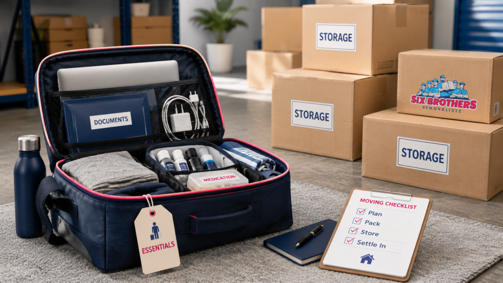 Move interstate new home not ready essentials bag by Six Brothers Removalists with documents, laptop and chargers