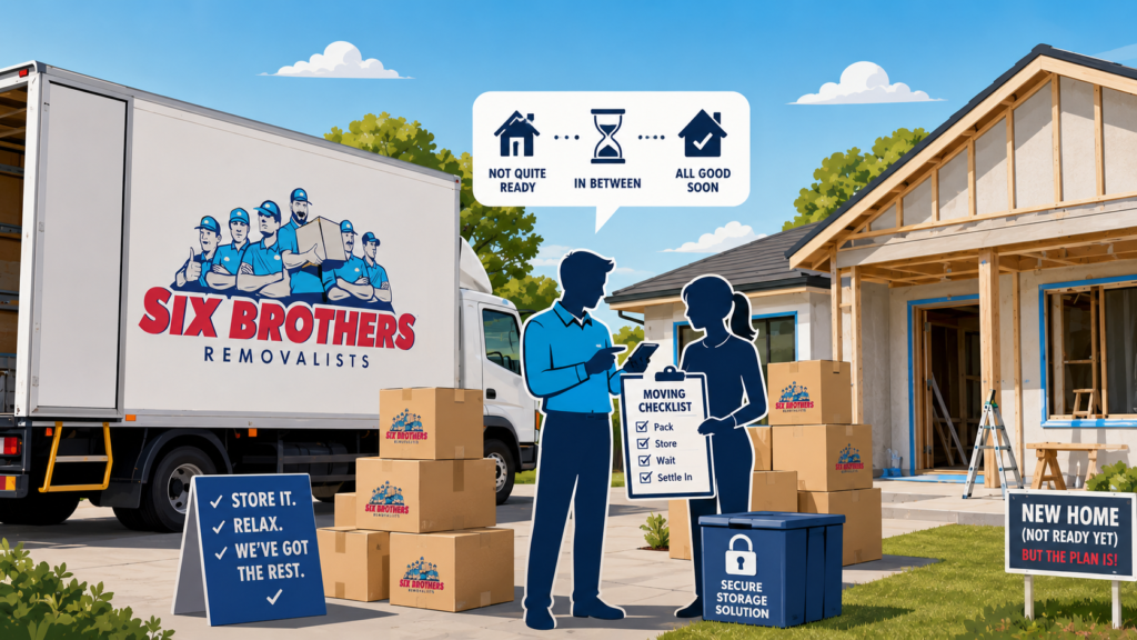 Illustrated cover image for move interstate new home not ready by Six Brothers Removalists with truck, boxes and delay scene