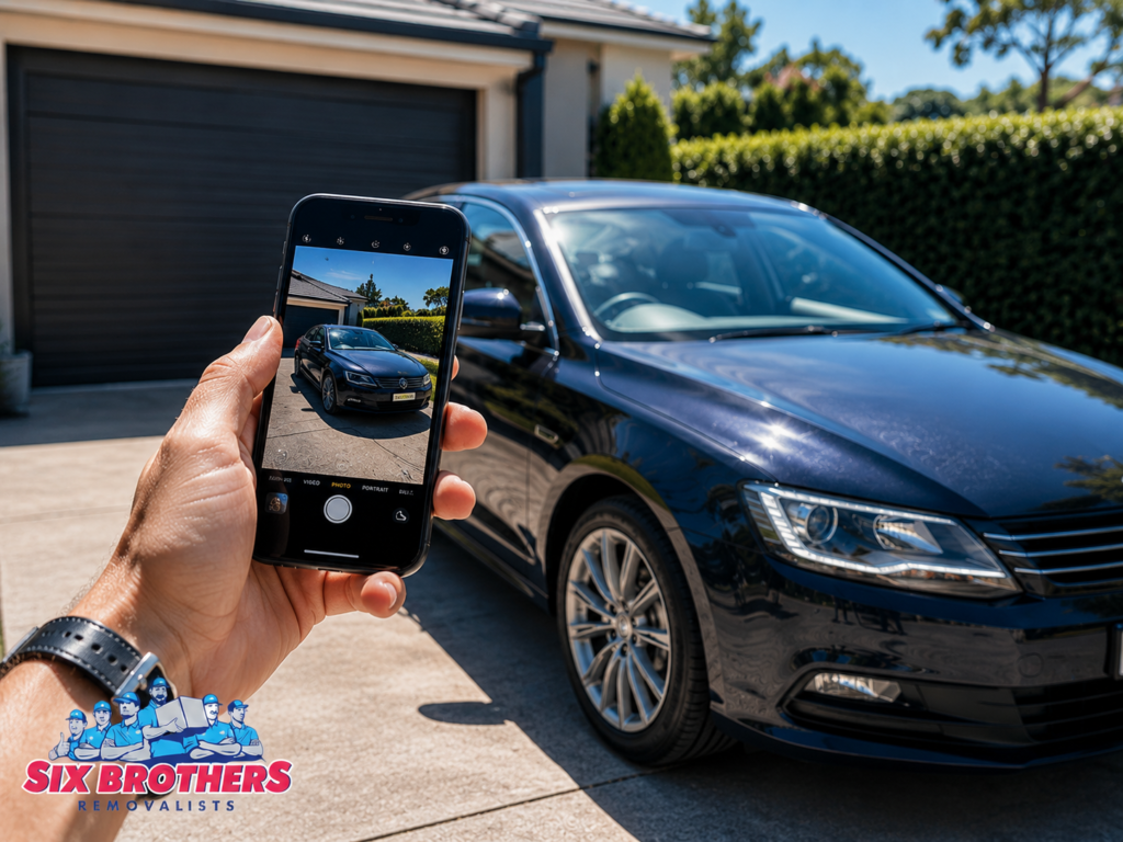 Hand using a phone for move your car interstate condition photos with Six Brothers Removalists.