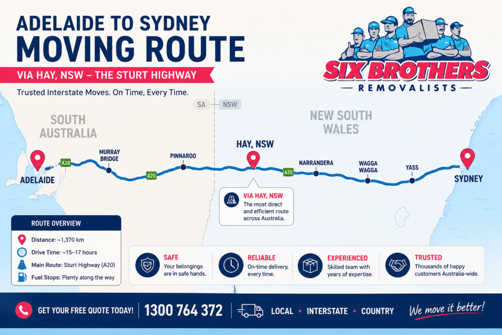 Moving interstate from Adelaide to Sydney route map by Six Brothers Removalists via Hay and the Sturt Highway