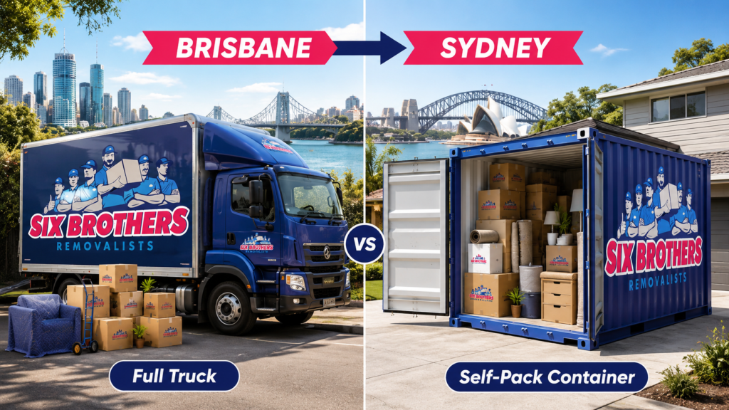Moving interstate from Brisbane to Sydney with Six Brothers Removalists, comparing full truck and self-pack container options