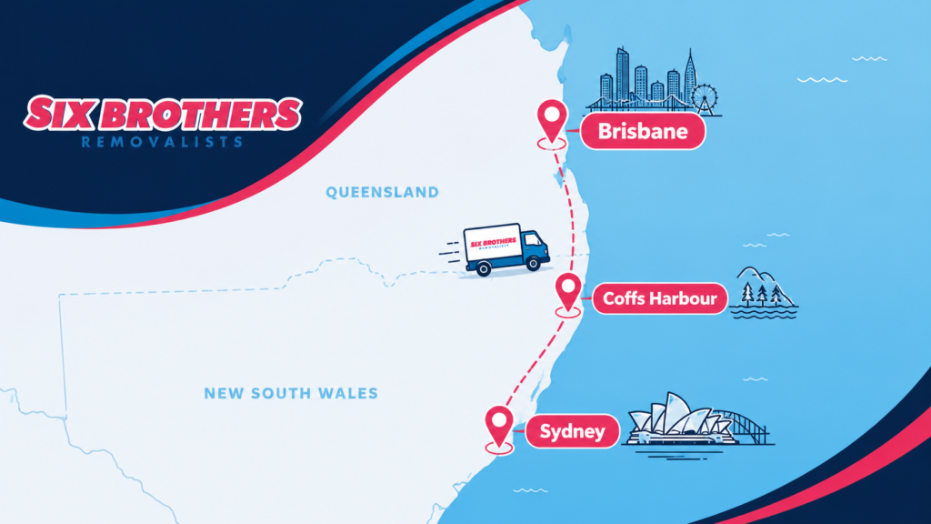 Moving interstate from Brisbane to Sydney route map with Brisbane, Coffs Harbour and Sydney by Six Brothers Removalists