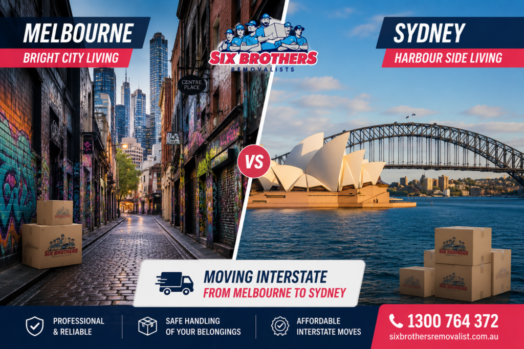 Moving interstate from Melbourne to Sydney with Six Brothers Removalists, showing laneway and Sydney Harbour comparison