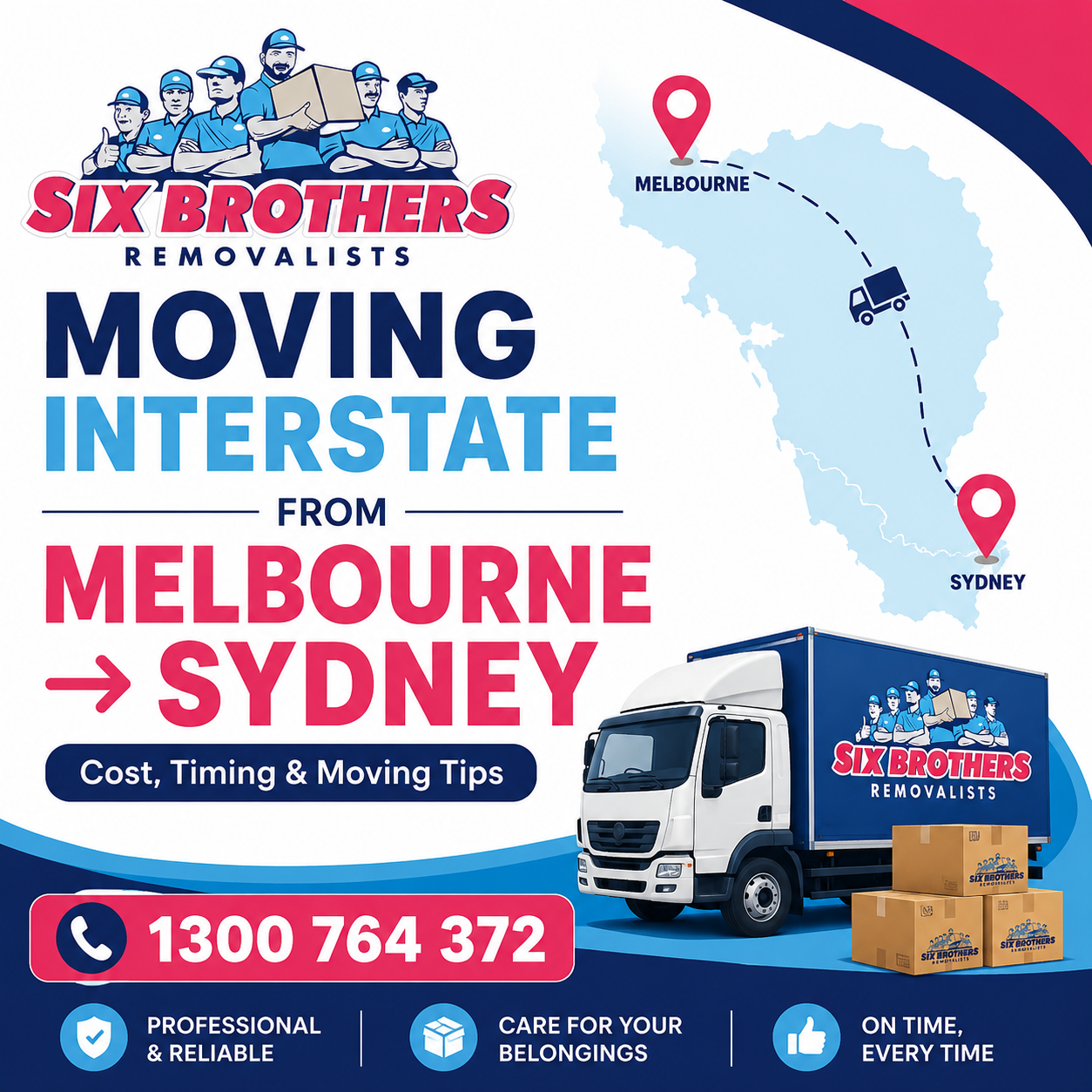 Moving interstate from Melbourne to Sydney with Six Brothers Removalists truck, route map, boxes and phone CTA