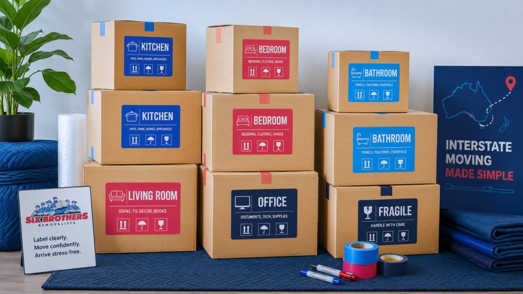 Moving interstate from Perth to Sydney box labelling graphic by Six Brothers Removalists