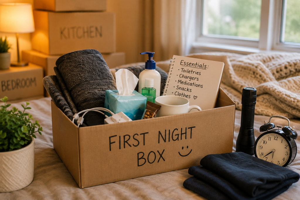 Moving interstate from regional NSW with Six Brothers Removalists, showing an unpacked first-night essentials box