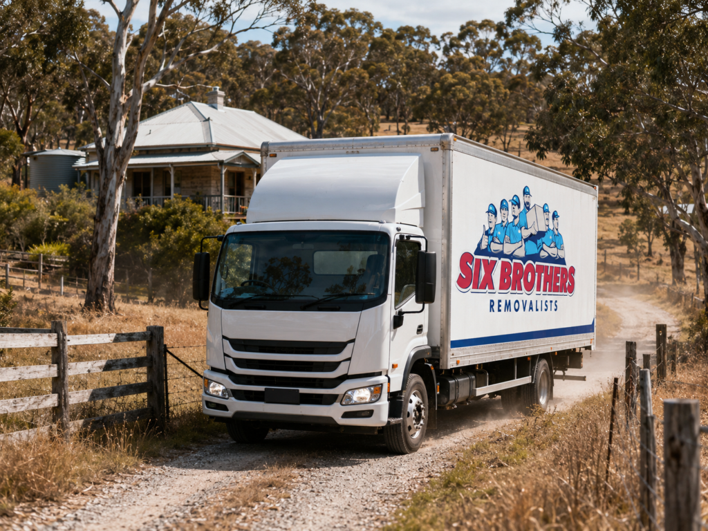 Moving interstate from regional NSW with a Six Brothers Removalists truck on a narrow gravel driveway