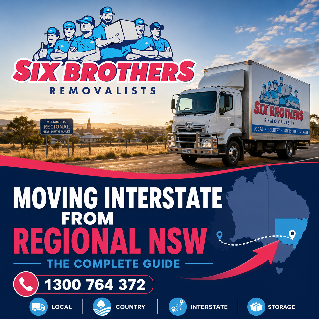 Moving interstate from regional NSW with Six Brothers Removalists truck, route map and regional Australian landscape