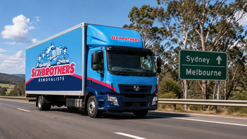 Six Brothers Removalists truck on Hume Highway for moving interstate from Sydney to Melbourne