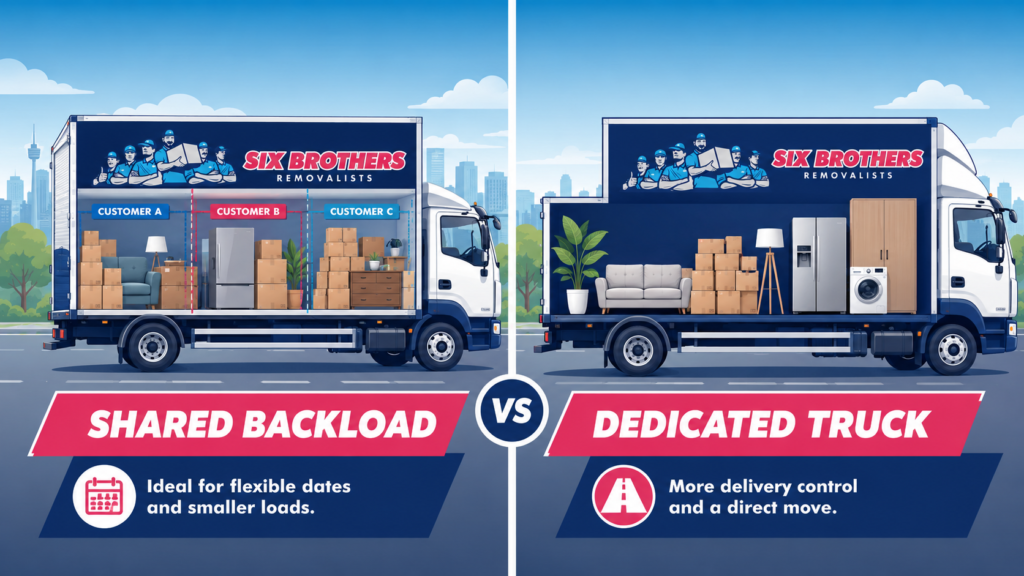 Moving interstate from Sydney to Melbourne graphic by Six Brothers Removalists showing shared backload vs dedicated truck