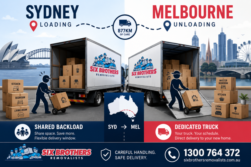 Moving interstate from Sydney to Melbourne with Six Brothers Removalists truck icons, labelled boxes and route map