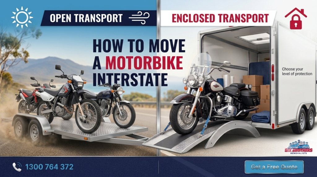 Compare open and enclosed trailer options to move a motorbike interstate with Six Brothers Removalists.