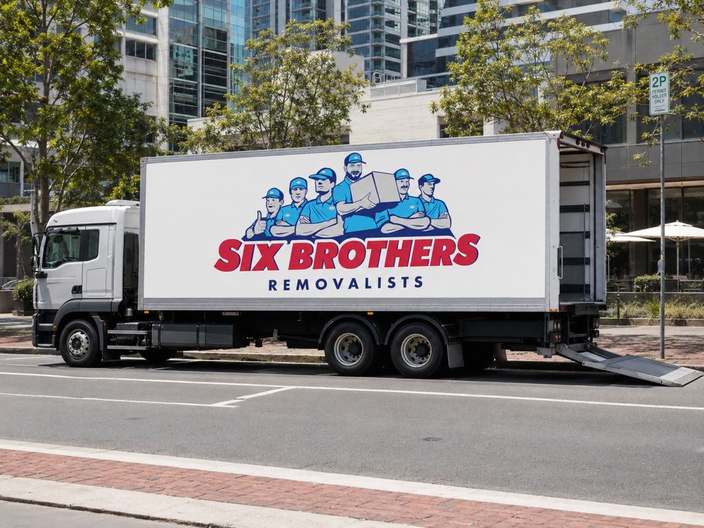 Perth removalist truck parking permit image showing a Six Brothers Removalists 12t pantech with lowered tailgate.