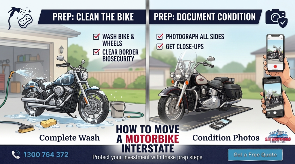 Step-by-step checklist to prepare and move a motorbike interstate securely with Six Brothers Removalists.