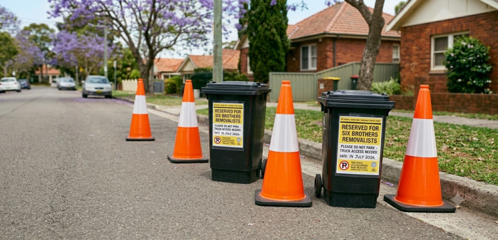 Reserving street space for Six Brothers interstate removalist truck parking using bright orange cones and wheelie bins