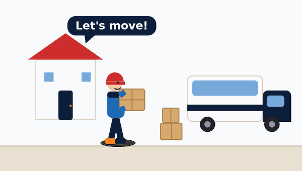 Animated illustration of a removalist carrying boxes to a moving truck
