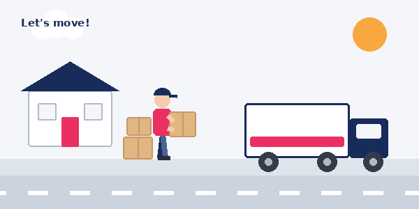 Animated illustration of a removalist carrying boxes to a moving truck.