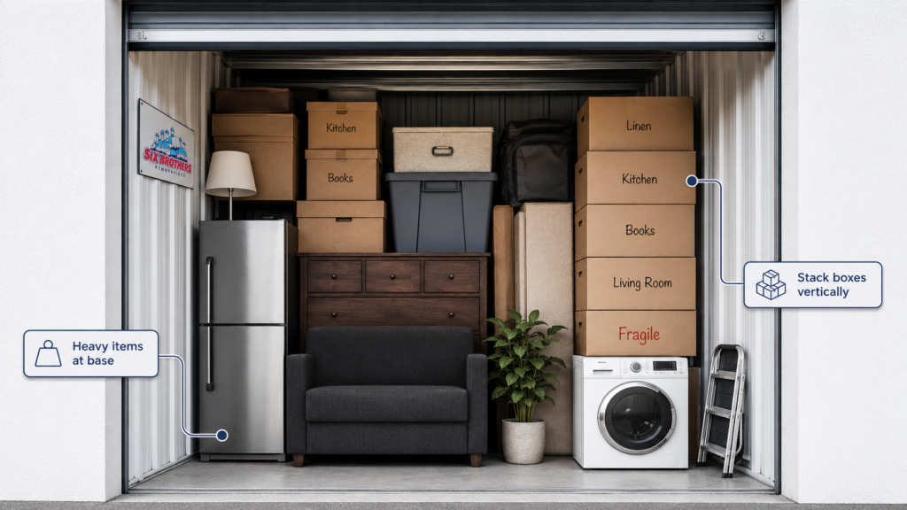 Storage unit checklist for interstate movers by Six Brothers Removalists showing heavy items and stacked boxes
