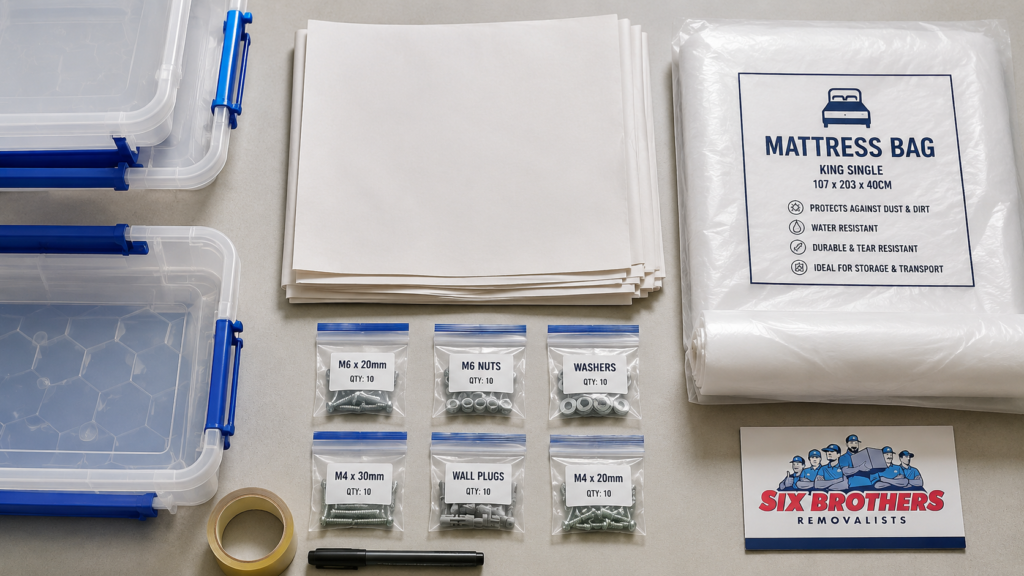 Storage unit checklist for interstate movers by Six Brothers Removalists with totes, packing paper and hardware bags