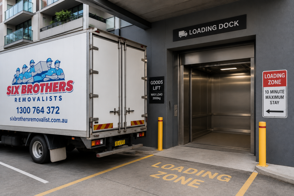 Sydney removalist truck parking permit scene by Six Brothers Removalists at an apartment loading dock and goods lift.