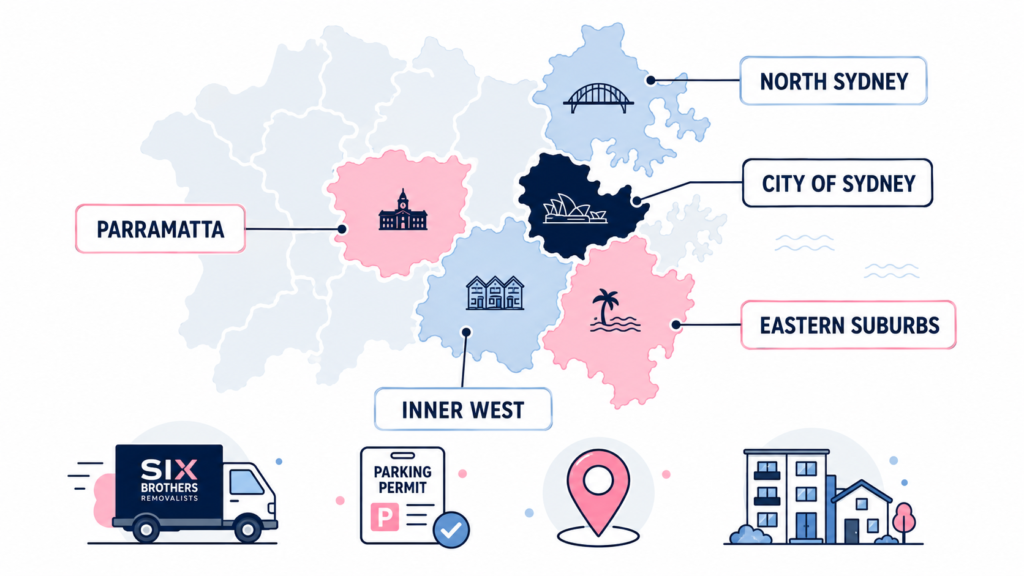 Sydney removalist truck parking permit map by Six Brothers Removalists showing key council areas across Sydney.