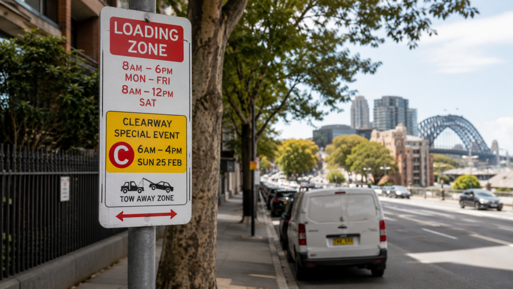 Sydney removalist truck parking permit sign by Six Brothers Removalists, showing loading zone and clearway restrictions.