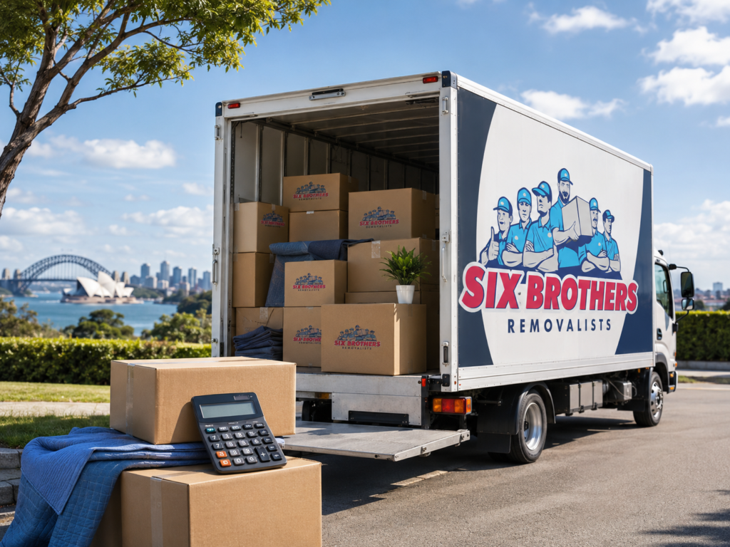 Sydney to Adelaide moving costs image by Six Brothers Removalists with loaded truck, boxes and calculator.