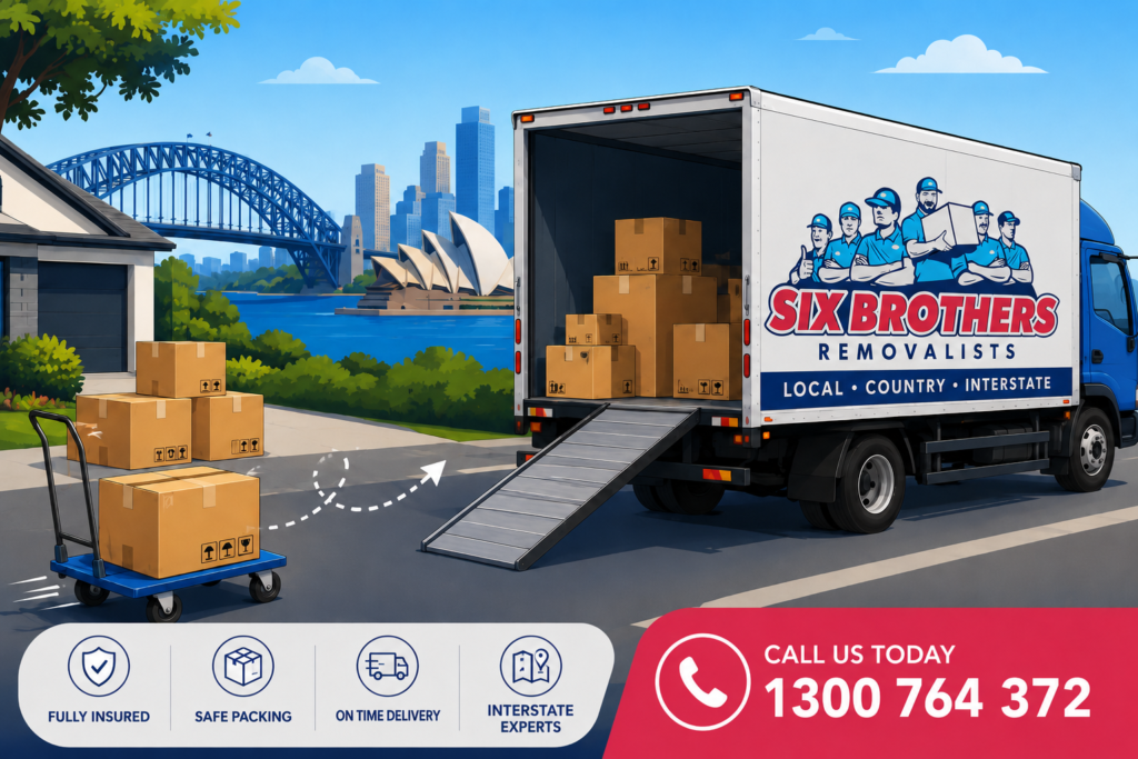 Sydney to Adelaide moving costs graphic by Six Brothers Removalists showing a branded truck, boxes and interstate service.
